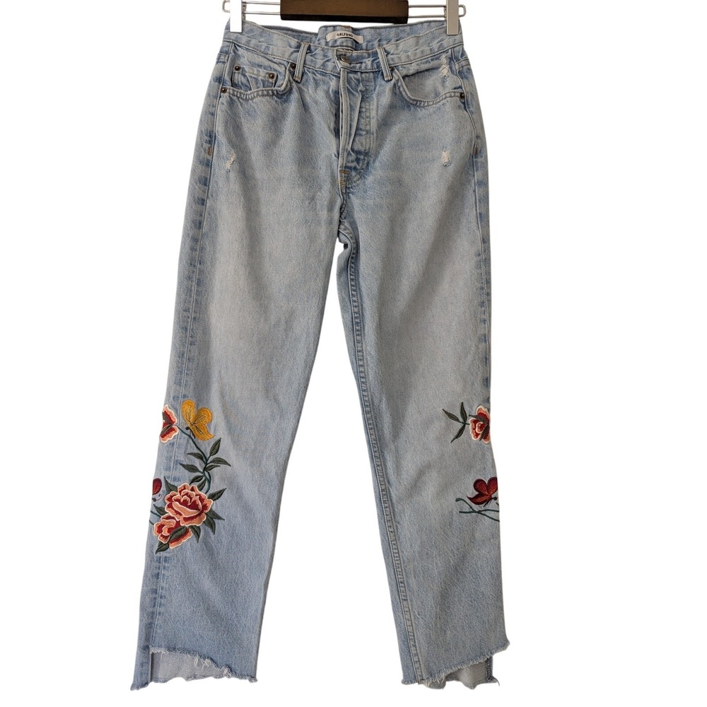 GRLFRND Helena Embroidered Button Fly Cropped Jeans Chelsea Hotel Size 25‎